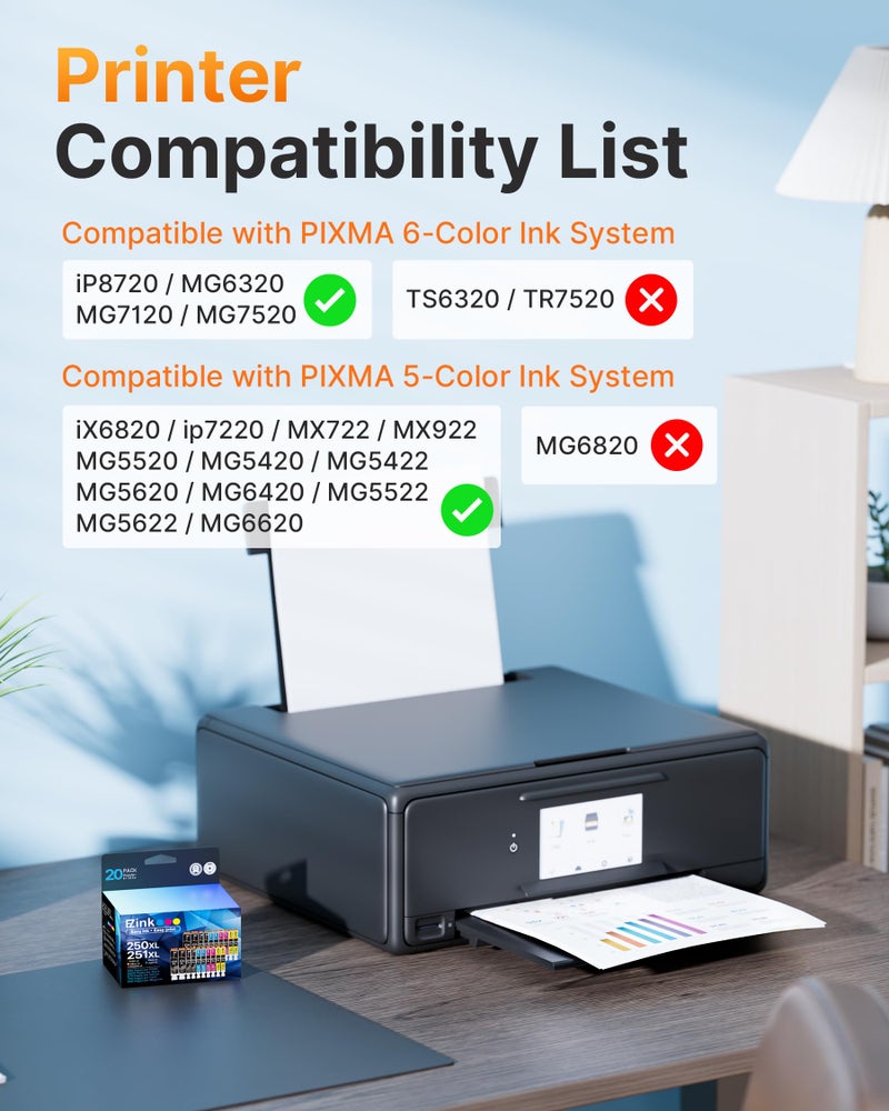 E-Z Ink Compatible Ink Cartridges Replacement for Canon 250 251 XL PGI-250XL CLI-251XL to use with Pixma MX922 MX920 MG5520 MG7520 IX6820 IP8720 MG6620 MG6320 MG7120 (20 Pack) - Image 2